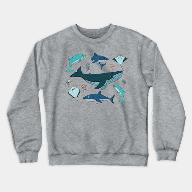 cartoon ocean and sea happy animals. Whale, dolphin, shark, stingray of two types, jellyfish Crewneck Sweatshirt by essskina